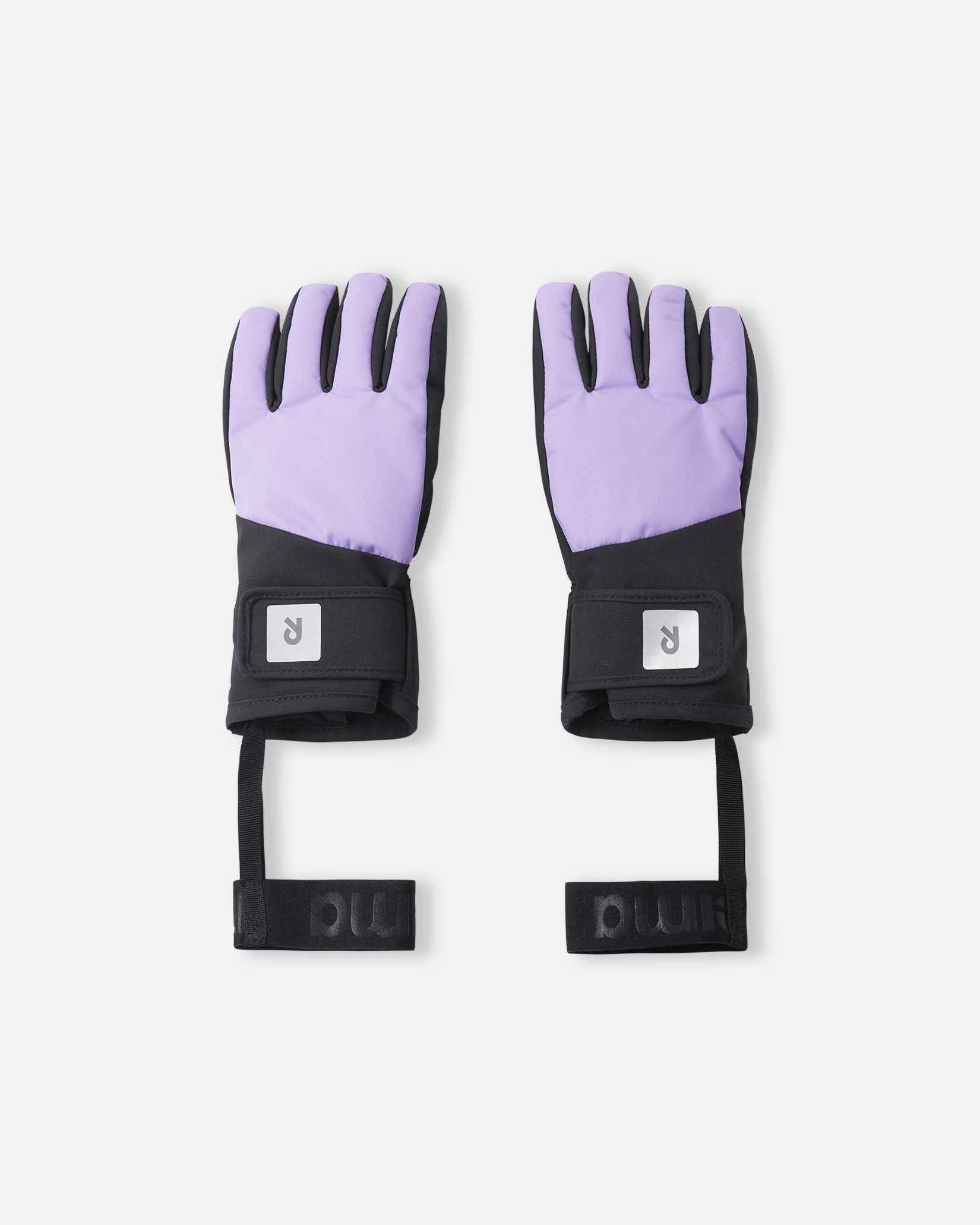 Flat lay view of the backs of the blooming lilac purple Reima Hanskas kids' ski gloves, featuring waterproof ReimaTec fabric, hook-and-loop adjustable wrist straps for a secure fit, and attached safety wrist leashes.