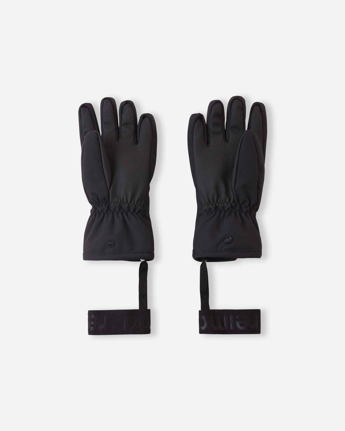 Flat lay view of the palms of the blooming lilac Reima Hanskas kids' ski gloves, showcasing durable black reinforced gripping material across the palms and fingers designed for holding ski poles securely.