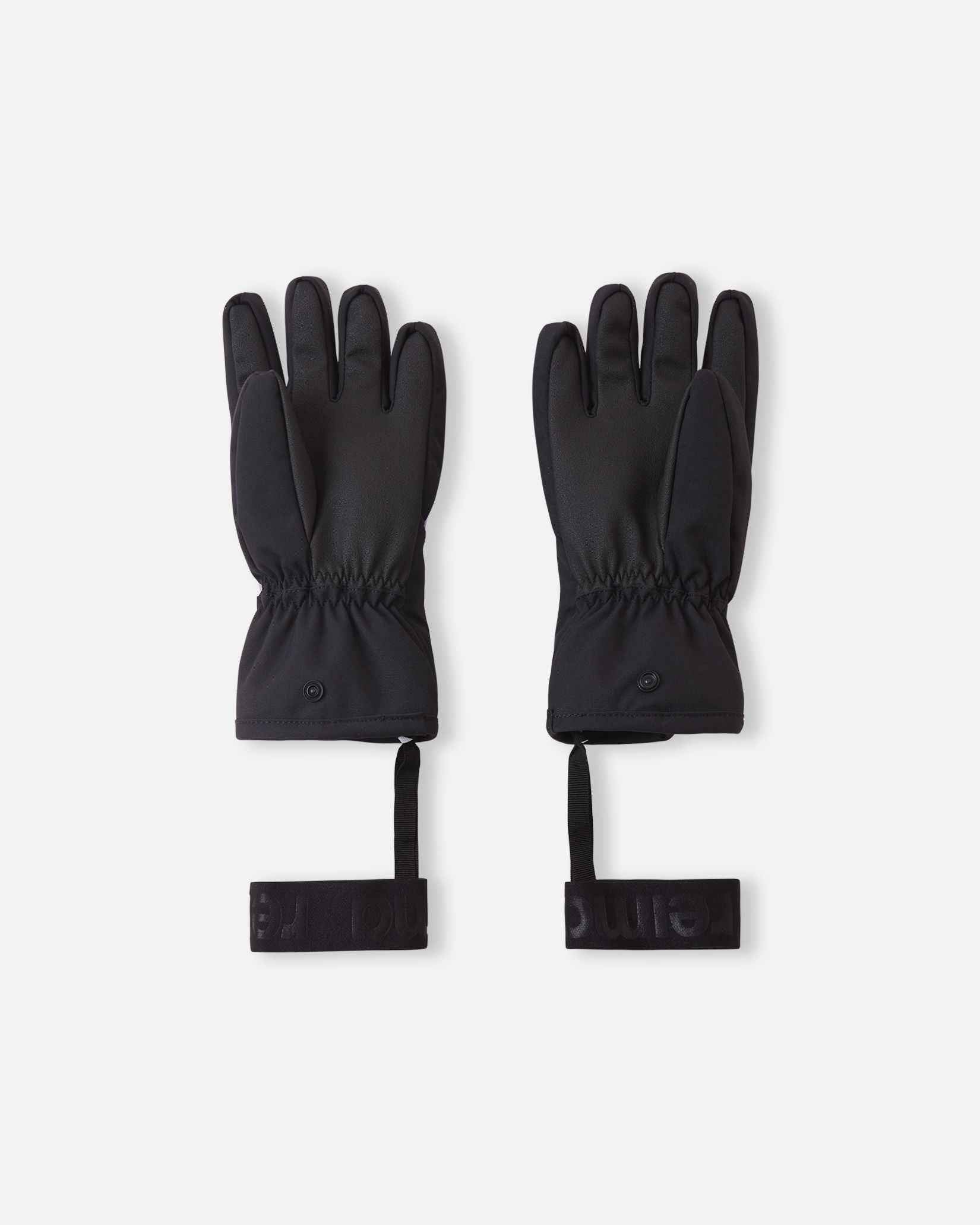 Flat lay view of the palms of the blooming lilac Reima Hanskas kids' ski gloves, showcasing durable black reinforced gripping material across the palms and fingers designed for holding ski poles securely.