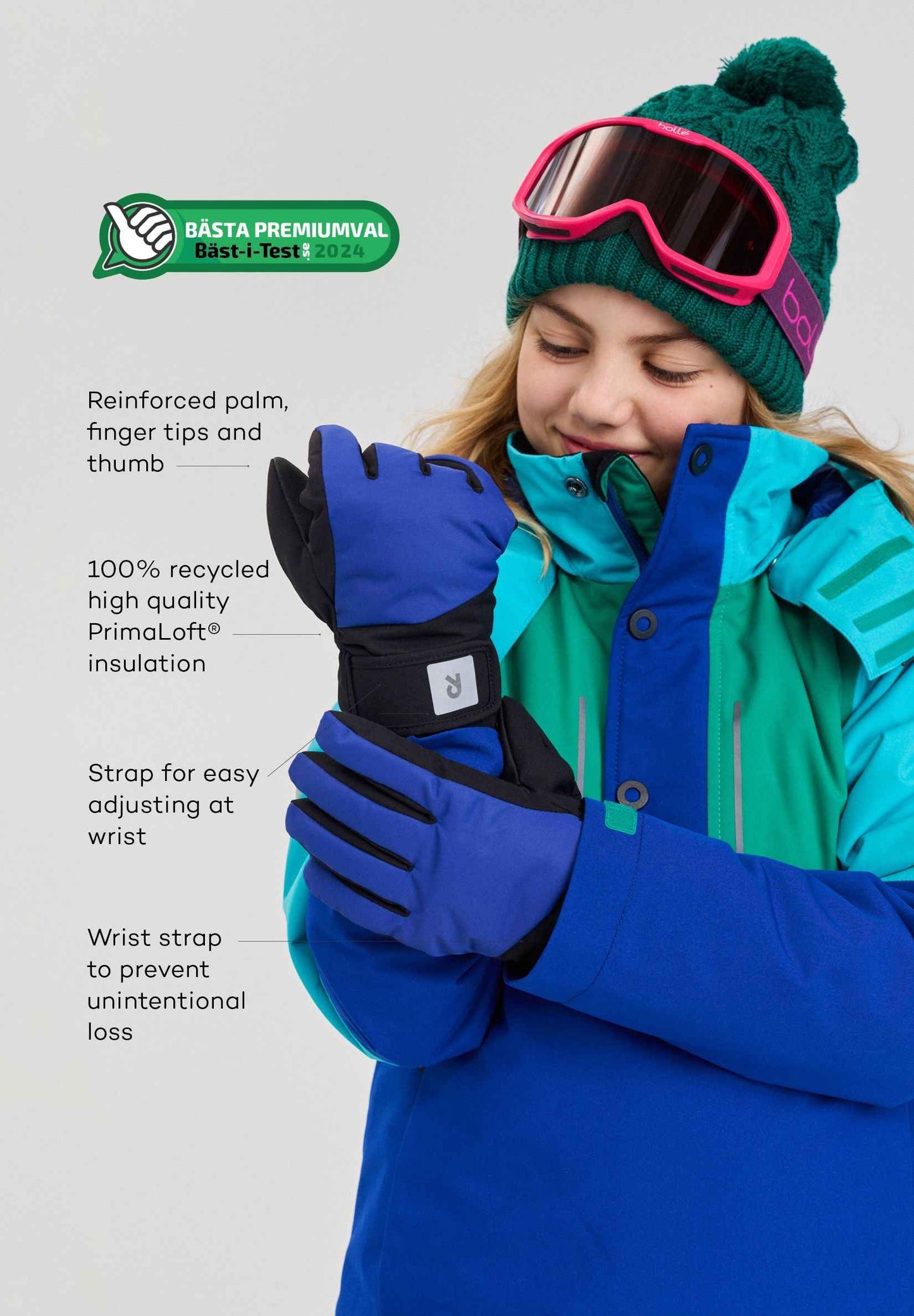 Educational infographic detailing the technical features of the Reima Hanskas kids' ski gloves. The image highlights the reinforced palm and fingertips, 100% recycled high-quality PrimaLoft insulation, an easy-adjusting hook-and-loop wrist strap, and safety wrist leashes to prevent unintentional loss, modeled by a young skier.