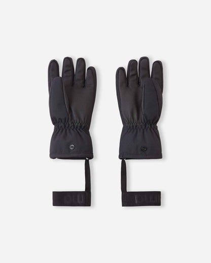 Flat lay view of the palms of the soft coral Reima Hanskas kids' ski gloves, showcasing the durable black reinforced gripping surface on the fingers and palms designed for securely holding ski poles during winter sports.