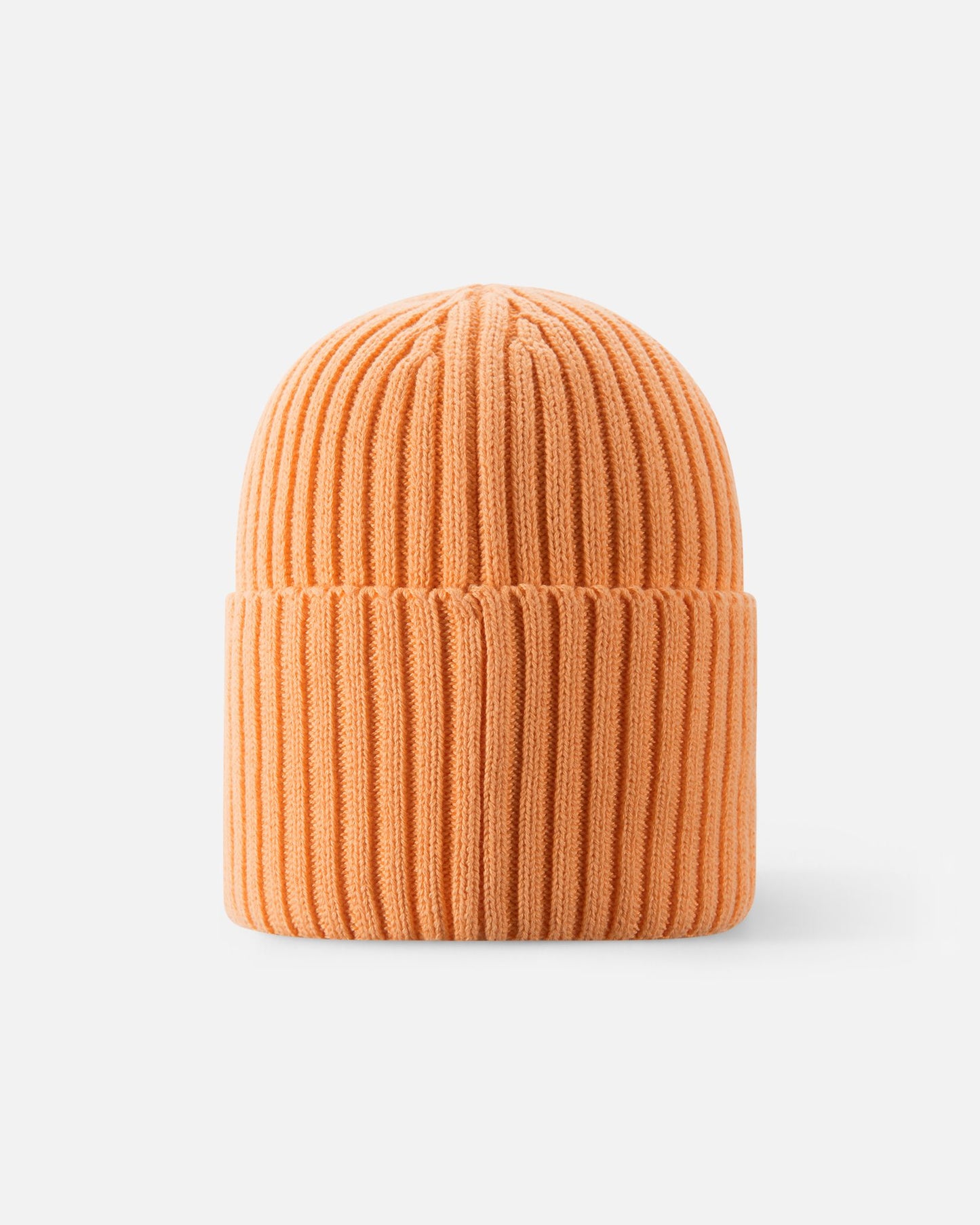 Back view of the apricot orange Reima Hattara kids' organic cotton beanie, highlighting the clean, seamless vertical knit structure and comfortable fit.