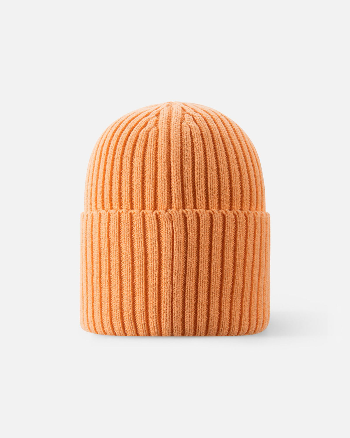 Back view of the apricot orange Reima Hattara kids' organic cotton beanie, highlighting the clean, seamless vertical knit structure and comfortable fit.
