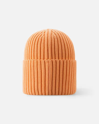 Back view of the apricot orange Reima Hattara kids' organic cotton beanie, highlighting the clean, seamless vertical knit structure and comfortable fit.