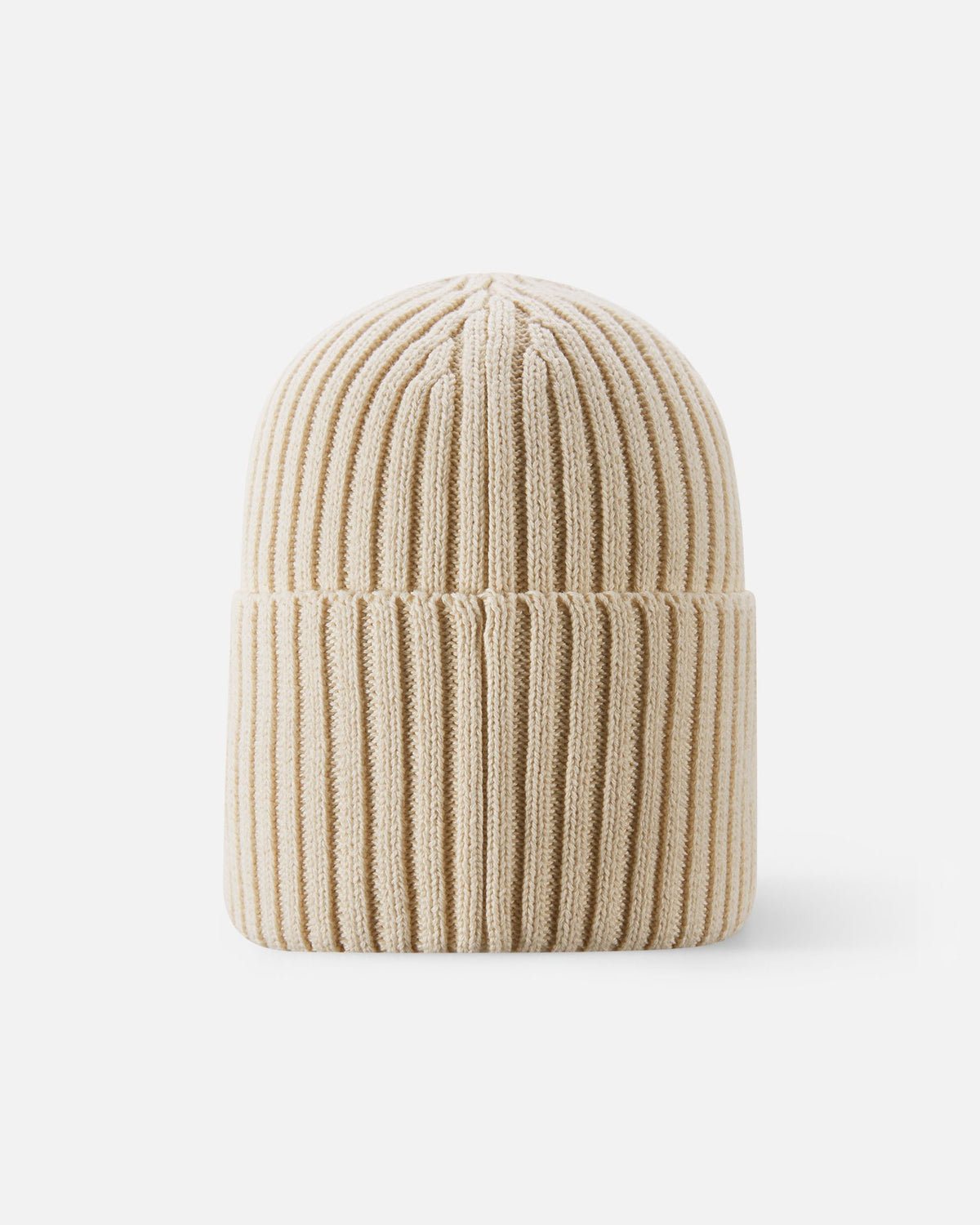 Back view of the birch beige Reima Hattara kids' organic cotton beanie, showcasing the thick, warm winter knit texture and comfortable fit.