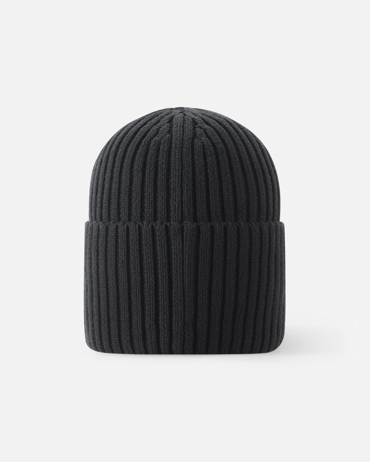 Front view of the black Reima Hattara kids' organic cotton beanie, featuring a stylish folded brim and a subtle black-and-white Reima logo tag.