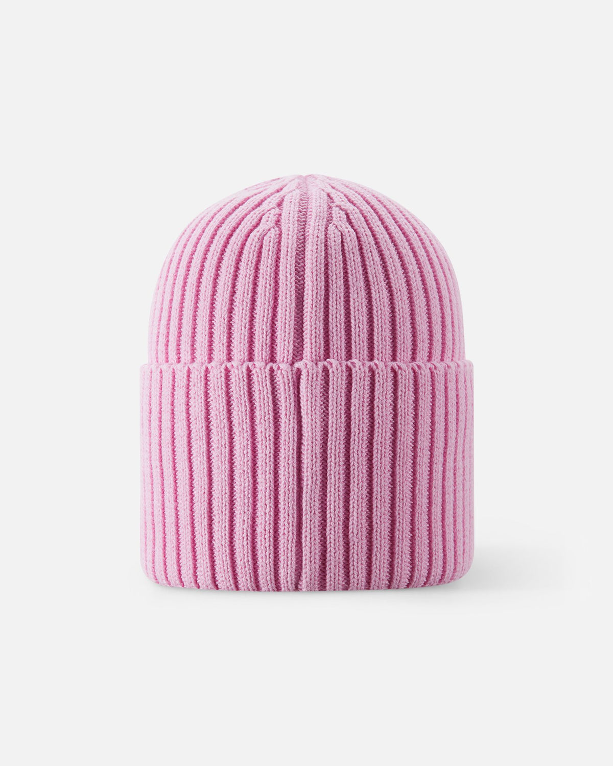 Back view of the light heather pink Reima Hattara kids' organic cotton beanie, showcasing the clean, seamless vertical knit structure and comfortable fit.