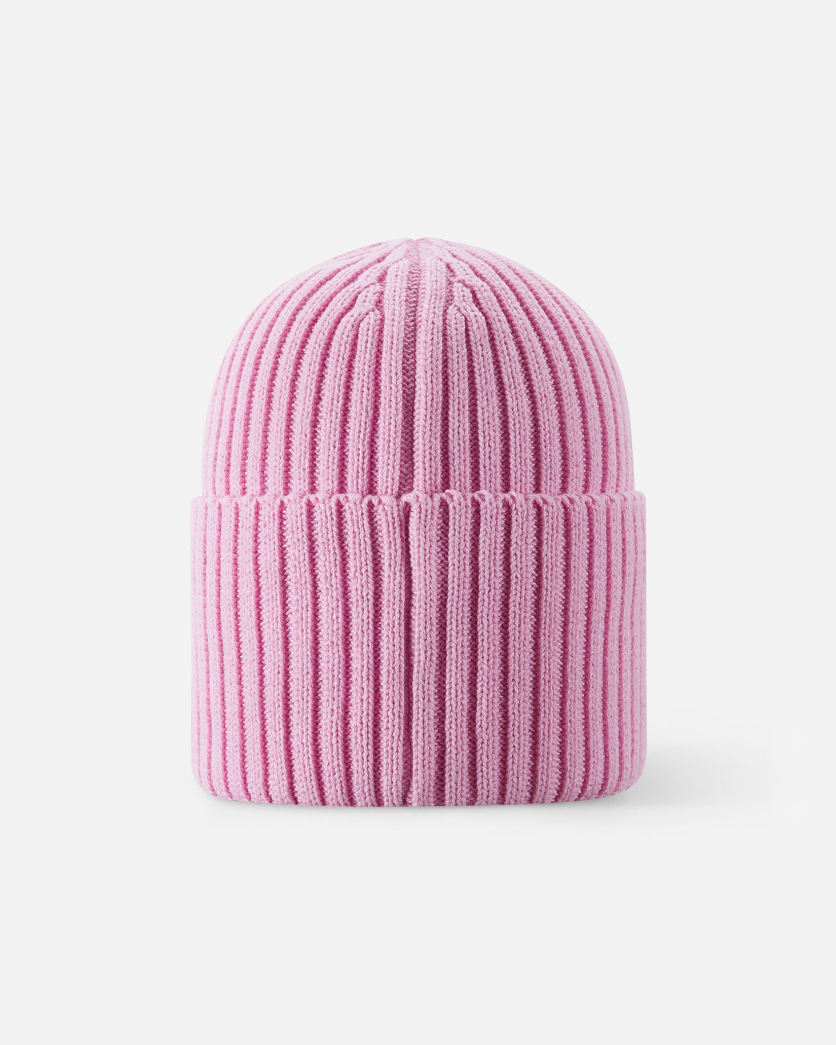 Back view of the light heather pink Reima Hattara kids' organic cotton beanie, showcasing the clean, seamless vertical knit structure and comfortable fit.
