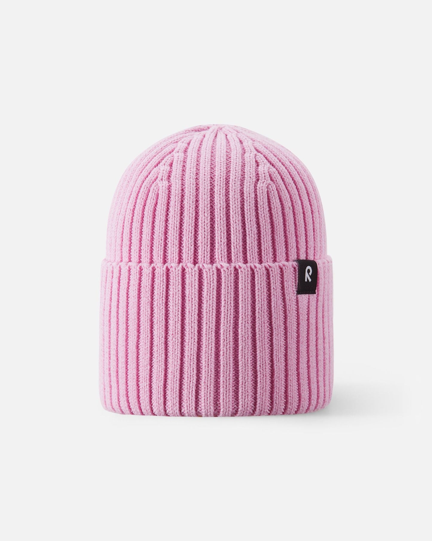 Front view of the Reima Hattara kids' organic cotton ribbed beanie in light heather pink, featuring a cozy folded cuff and a subtle black-and-white Reima logo tag.