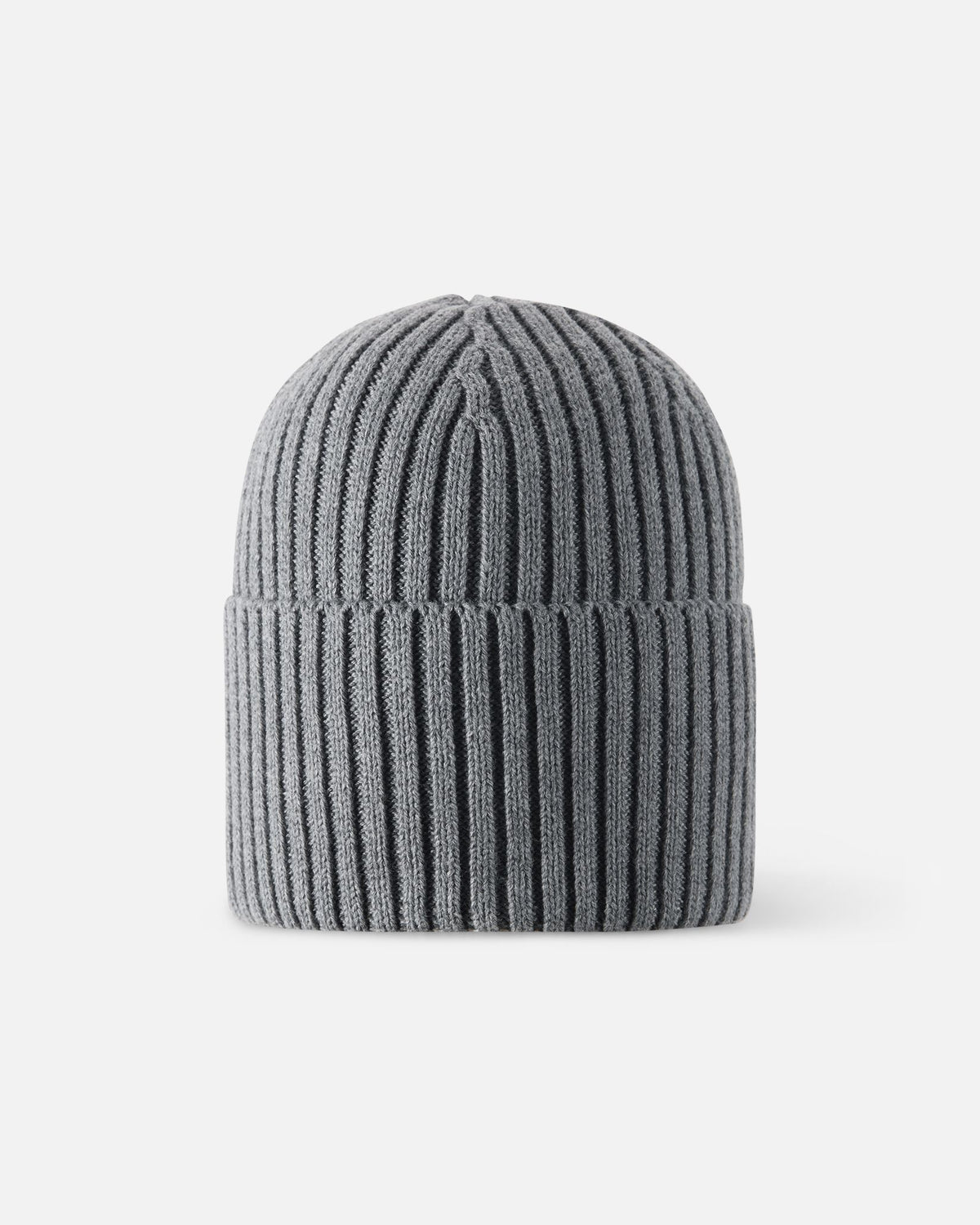 Back view of the melange grey Reima Hattara kids' organic cotton beanie, showcasing the clean, seamless vertical knit structure and comfortable fit.