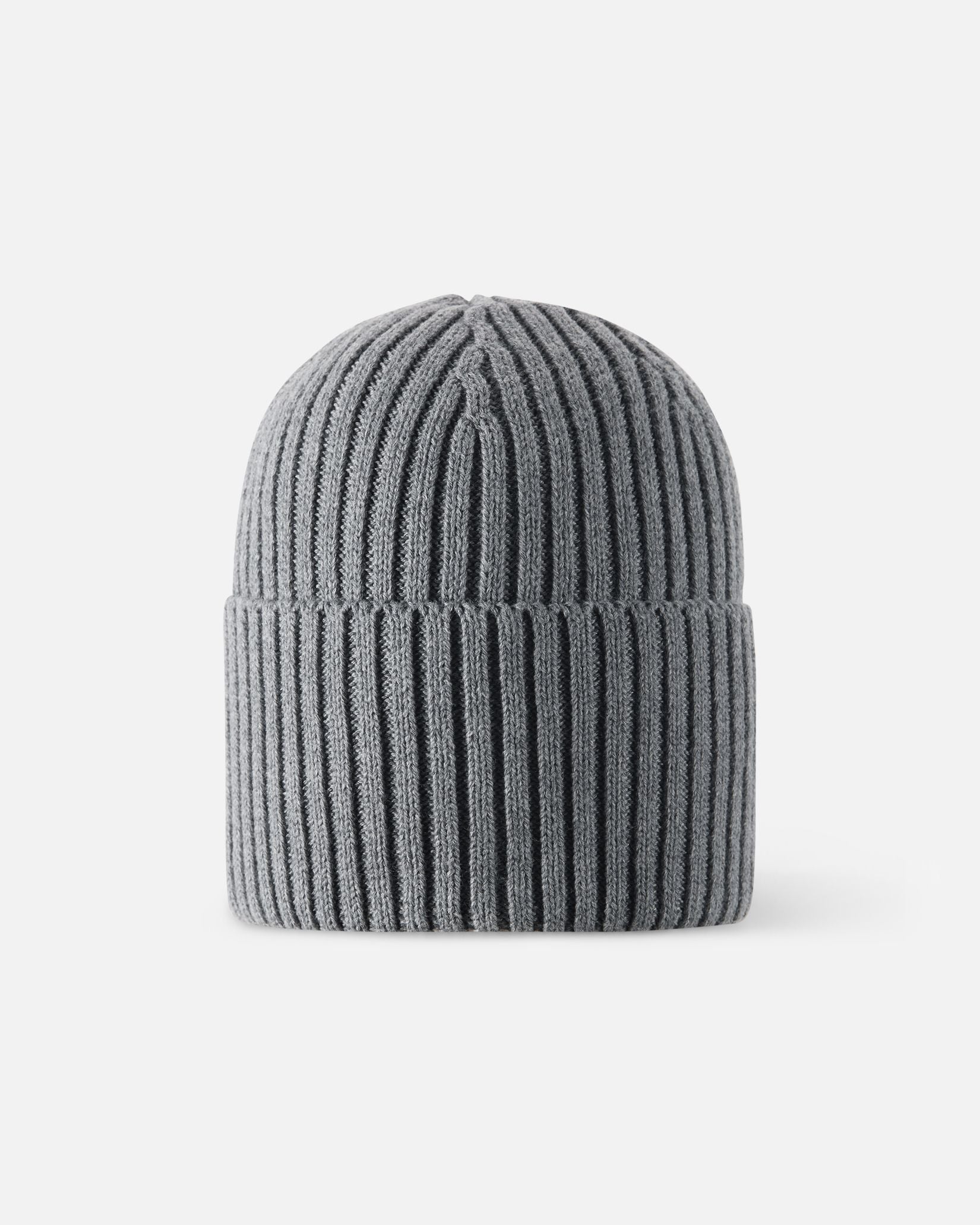 Back view of the melange grey Reima Hattara kids' organic cotton beanie, showcasing the clean, seamless vertical knit structure and comfortable fit.