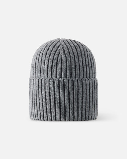 Back view of the melange grey Reima Hattara kids' organic cotton beanie, showcasing the clean, seamless vertical knit structure and comfortable fit.