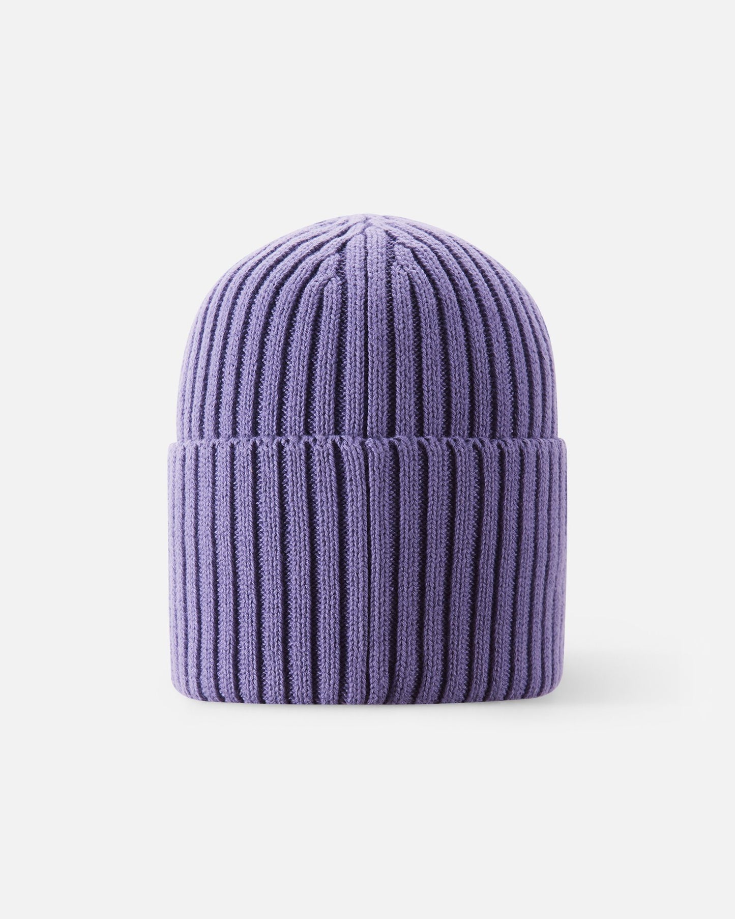 Back view of the misty violet Reima Hattara kids' organic cotton beanie, showcasing the clean vertical rib knit texture and comfortable fit.