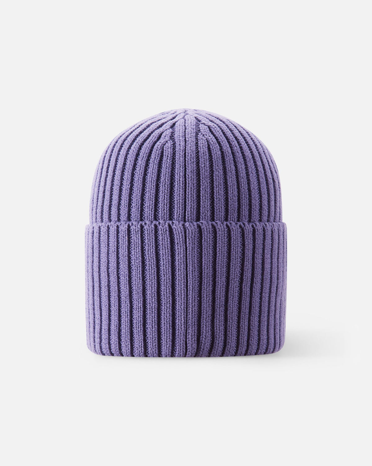 Back view of the misty violet Reima Hattara kids' organic cotton beanie, showcasing the clean vertical rib knit texture and comfortable fit.