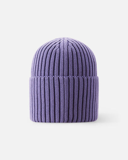 Back view of the misty violet Reima Hattara kids' organic cotton beanie, showcasing the clean vertical rib knit texture and comfortable fit.