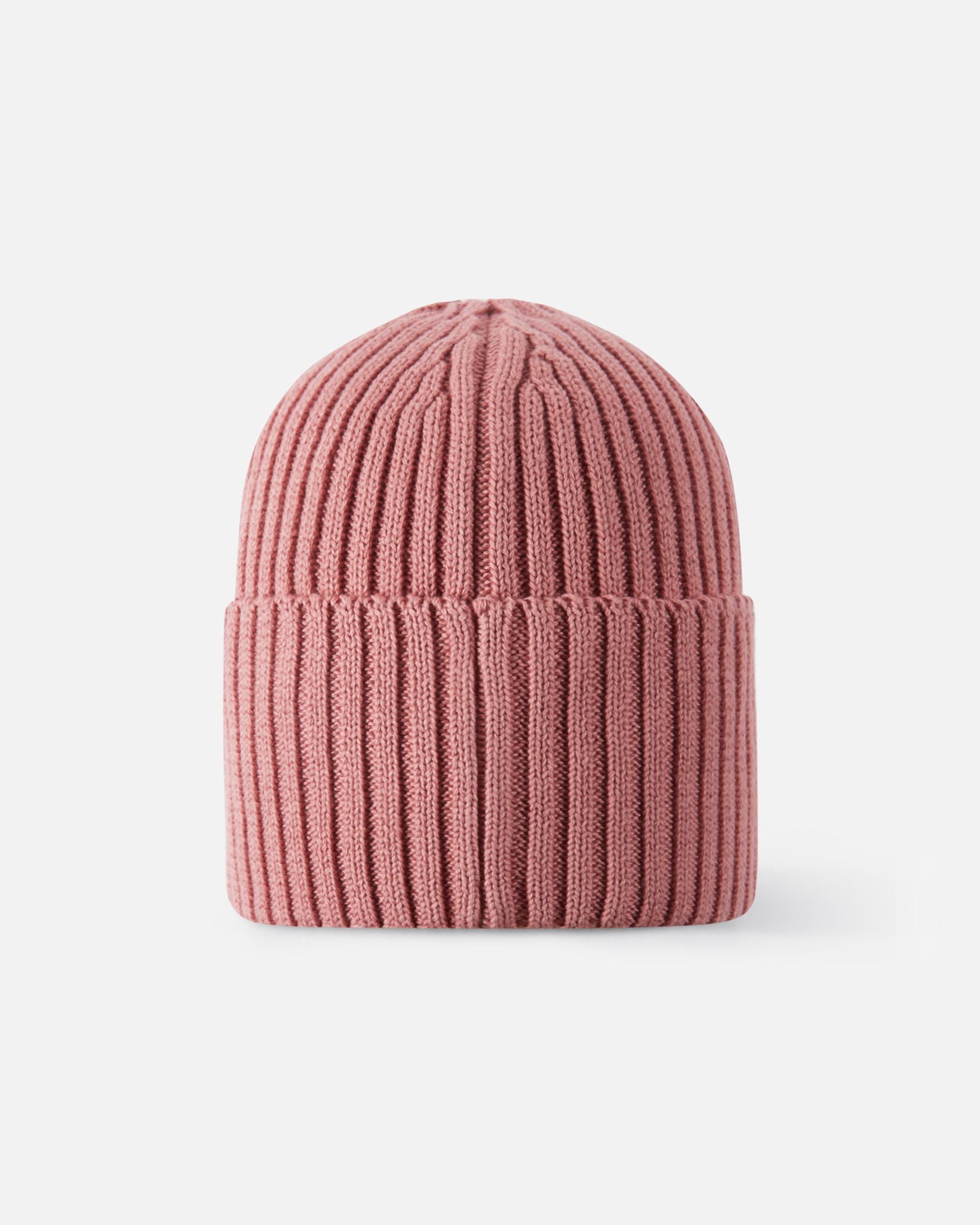 Back view of the rose blush Reima Hattara kids' organic cotton beanie, showcasing the smooth vertical ribbing and cozy winter design.