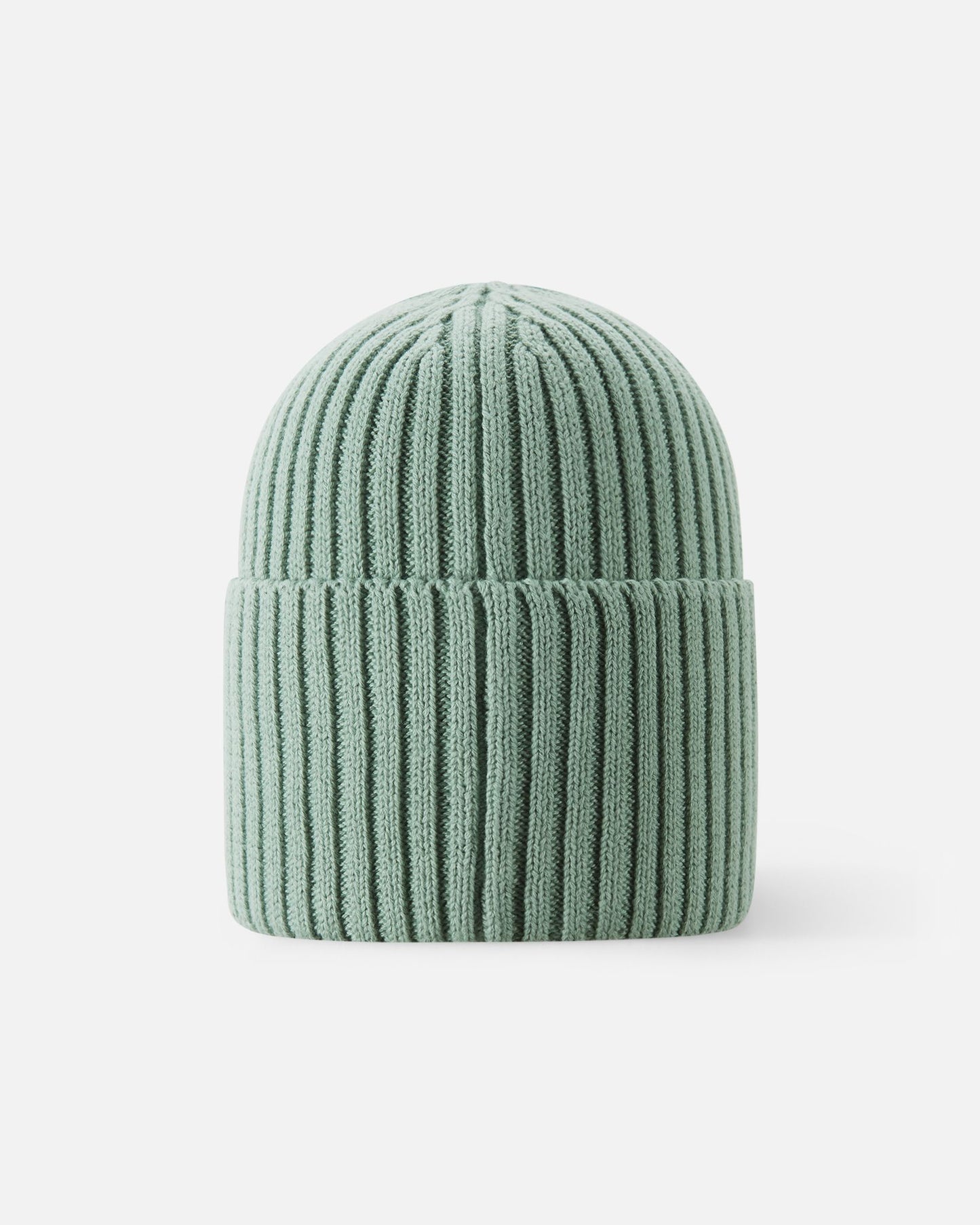 Back view of the stone green Reima Hattara kids' organic cotton beanie, highlighting the thick, warm winter knit texture and comfortable fit.
