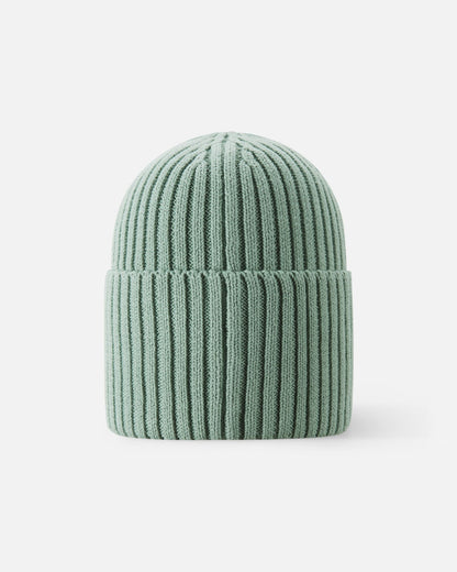 Back view of the stone green Reima Hattara kids' organic cotton beanie, highlighting the thick, warm winter knit texture and comfortable fit.