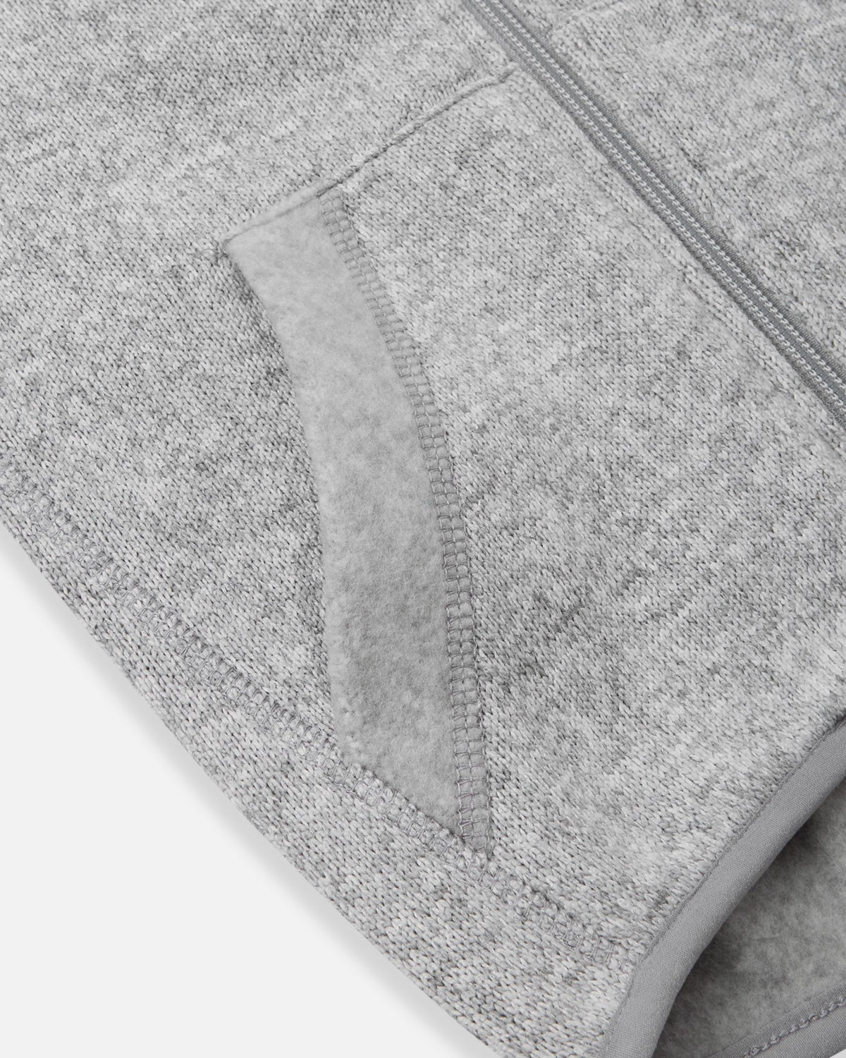 Detail view of the front handwarmer pocket on the Reima Hopper kids' melange grey knit fleece jacket, featuring reinforced stitching for extra durability.