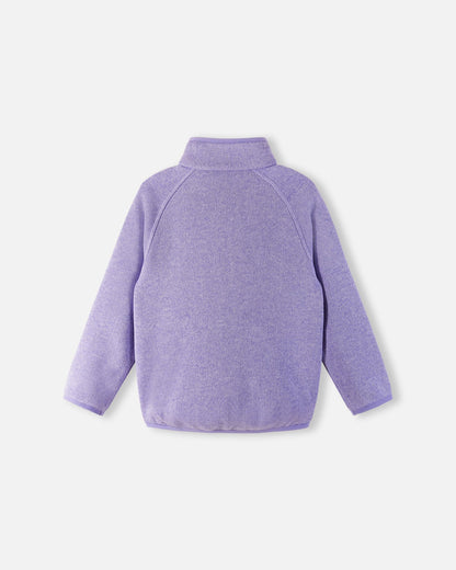 Back view of the Reima Hopper kids' blooming lilac knit fleece jacket, showcasing the raglan sleeves and smooth, durable mid-layer construction.