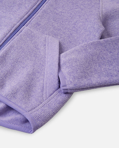 Detail view of the front handwarmer pocket on the Reima Hopper kids' blooming lilac knit fleece jacket, featuring reinforced stitching for extra durability.