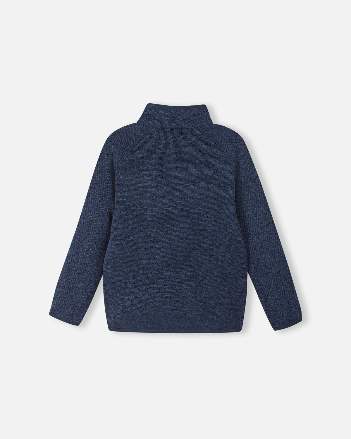 Back view of the Reima Hopper kids' jeans blue knit fleece jacket, showcasing the raglan sleeves and smooth, durable mid-layer construction.