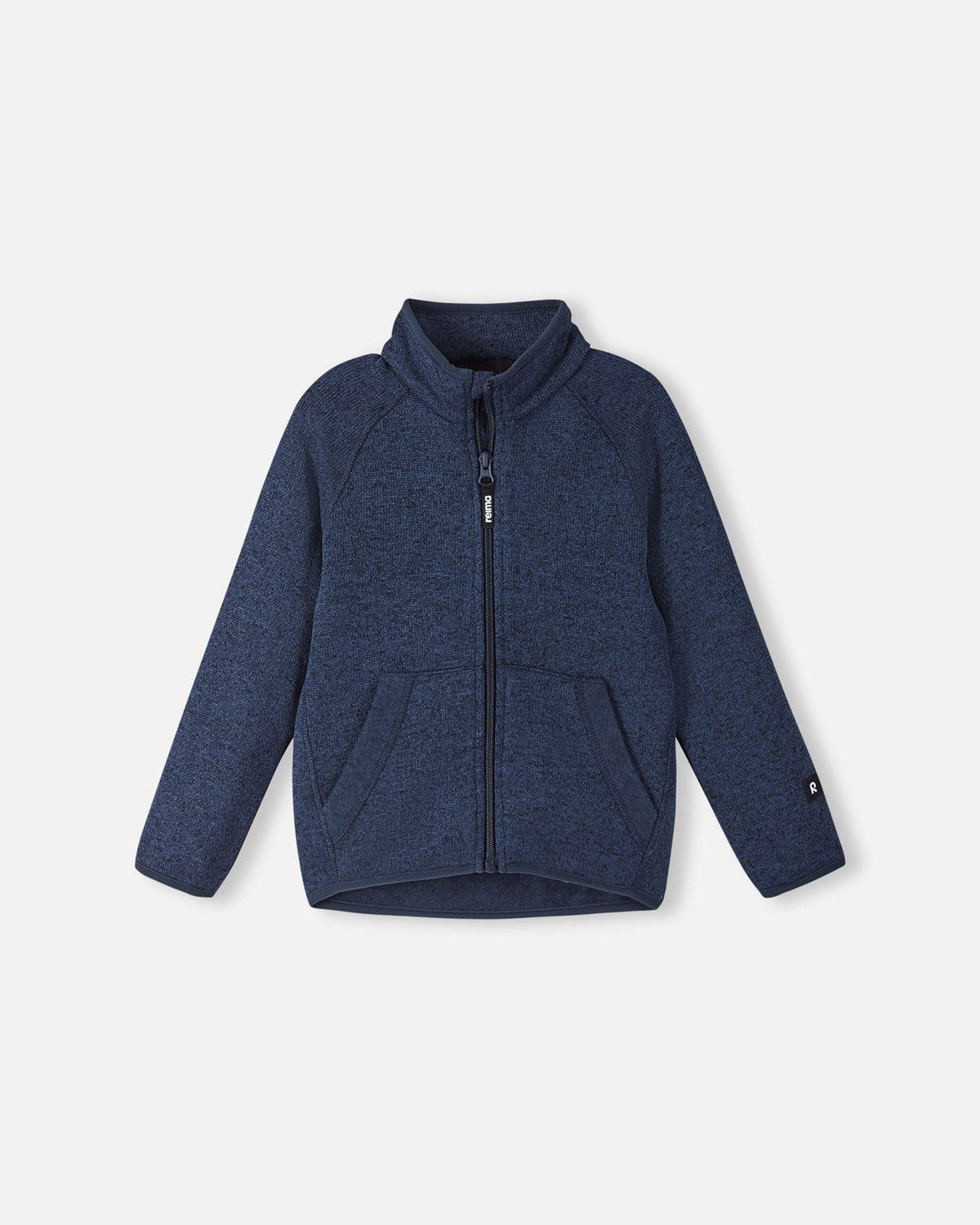 Front view of the Reima Hopper kids' knit fleece jacket in jeans blue, featuring a full-length zipper, soft ribbed-knit texture, and comfortable stand-up collar.