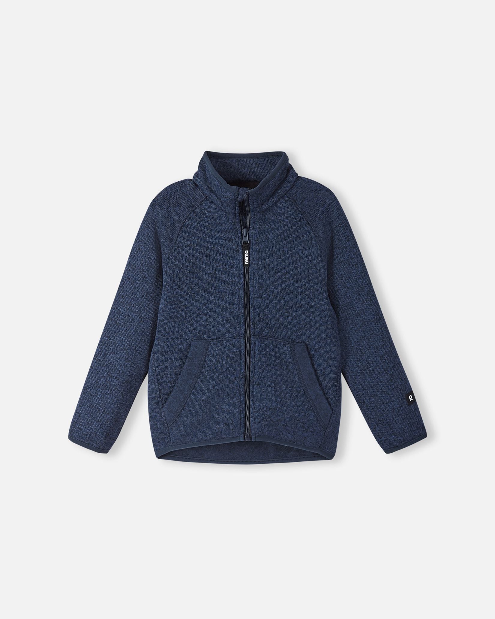 Front view of the Reima Hopper kids' knit fleece jacket in jeans blue, featuring a full-length zipper, soft ribbed-knit texture, and comfortable stand-up collar.