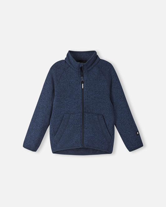Front view of the Reima Hopper kids' knit fleece jacket in jeans blue, featuring a full-length zipper, soft ribbed-knit texture, and comfortable stand-up collar.