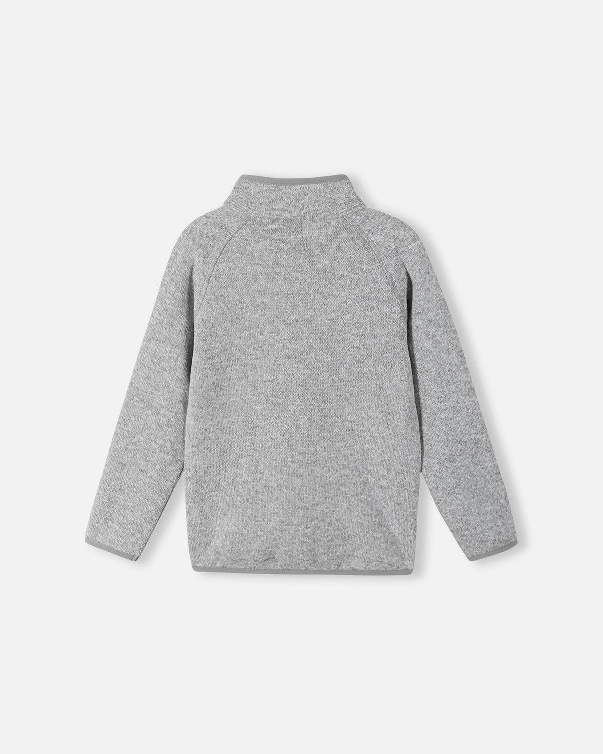 Back view of the Reima Hopper kids' melange grey knit fleece jacket, showcasing the raglan sleeves and smooth, durable mid-layer construction.