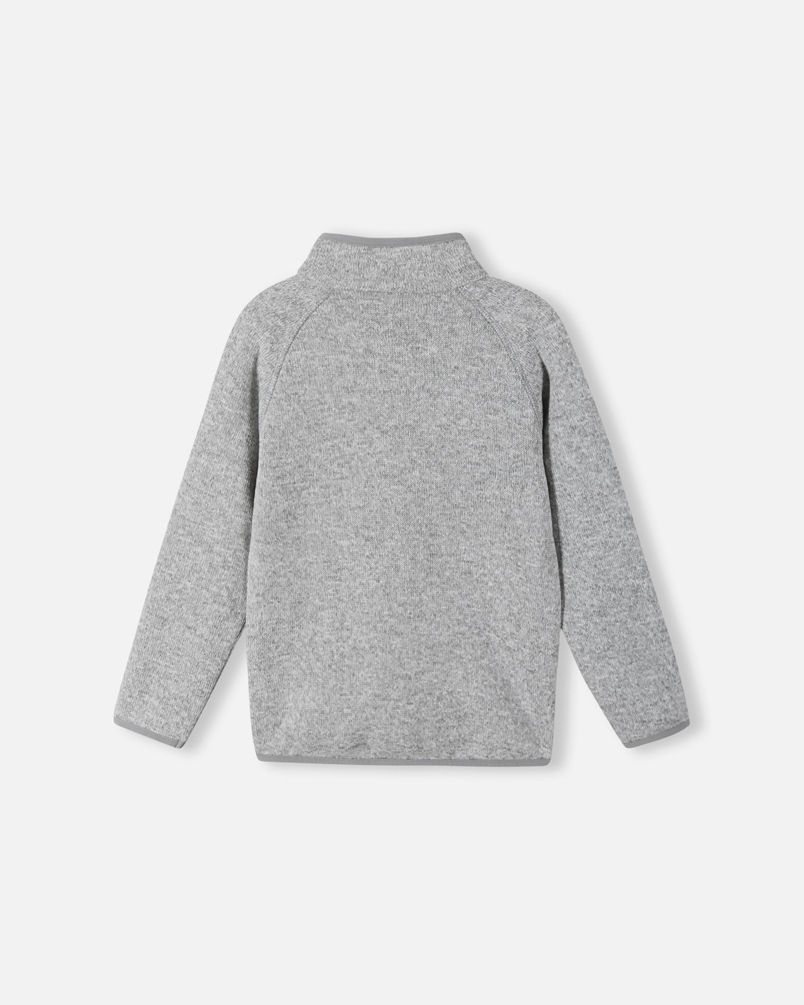 Back view of the Reima Hopper kids' melange grey knit fleece jacket, showcasing the raglan sleeves and smooth, durable mid-layer construction.