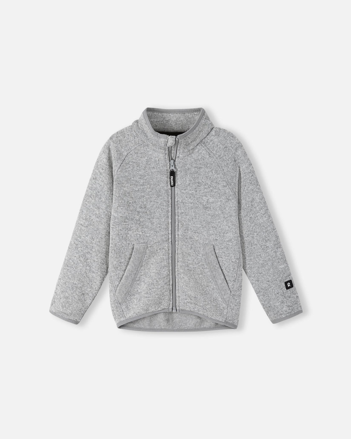 Front view of the Reima Hopper kids' knit fleece jacket in melange grey, featuring a full-length zipper, soft ribbed-knit texture, and comfortable stand-up collar.