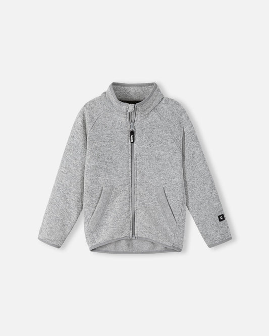 Front view of the Reima Hopper kids' knit fleece jacket in melange grey, featuring a full-length zipper, soft ribbed-knit texture, and comfortable stand-up collar.