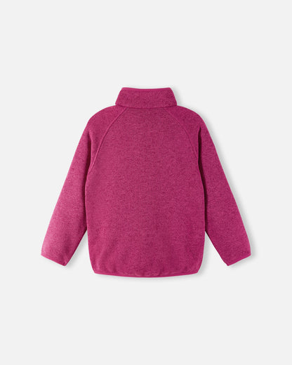 Back view of the Reima Hopper kids' rosy berry knit fleece jacket, showcasing the raglan sleeves and smooth, durable mid-layer construction.