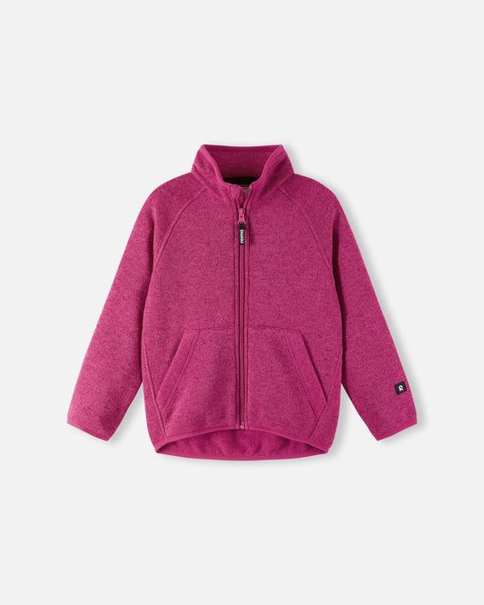 Front view of the Reima Hopper kids' knit fleece jacket in rosy berry, featuring a full-length zipper, soft ribbed-knit texture, and comfortable stand-up collar.