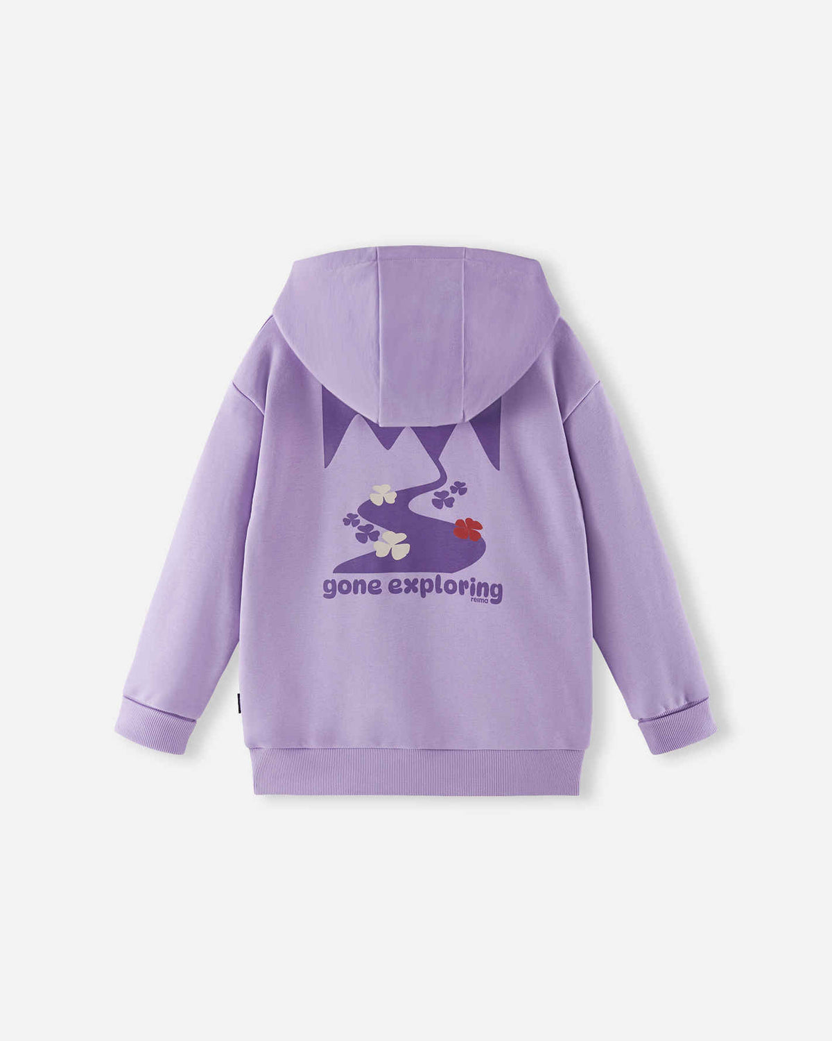 Back view of the blooming lilac Reima Huppis kids' organic cotton hoodie, showcasing a large, stylized mountain and winding trail graphic with the adventurous phrase "gone exploring."