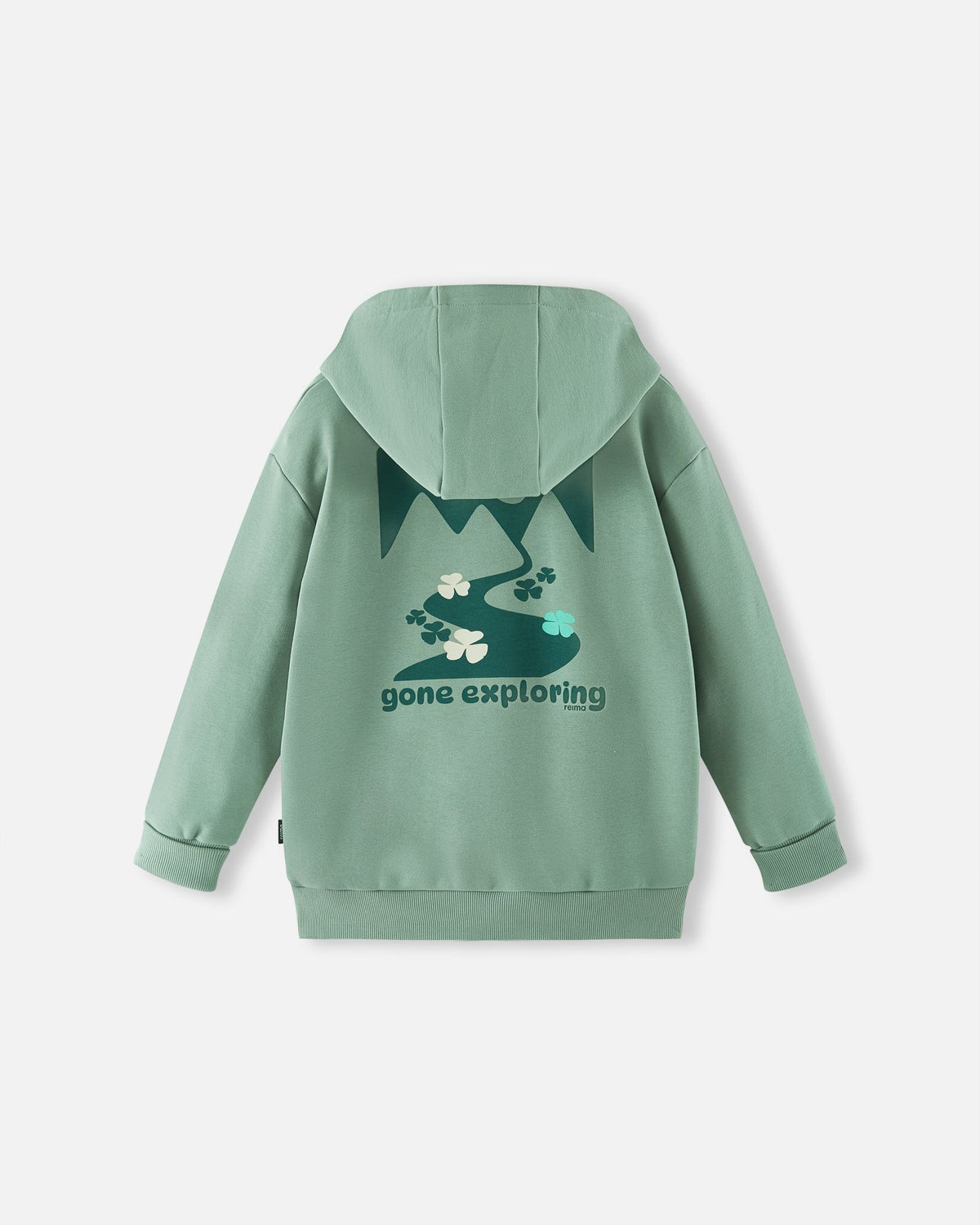 Back view of the stone green Reima Huppis kids' organic cotton hoodie, featuring a large, tonal green mountain and trail graphic print with the motivational text "gone exploring."