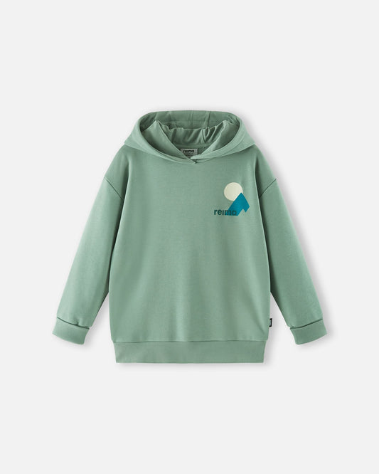 Front view of the Reima Huppis kids' organic cotton pullover hoodie in stone green, showcasing a comfortable everyday silhouette, a soft hood, ribbed hem, and a small chest logo graphic.