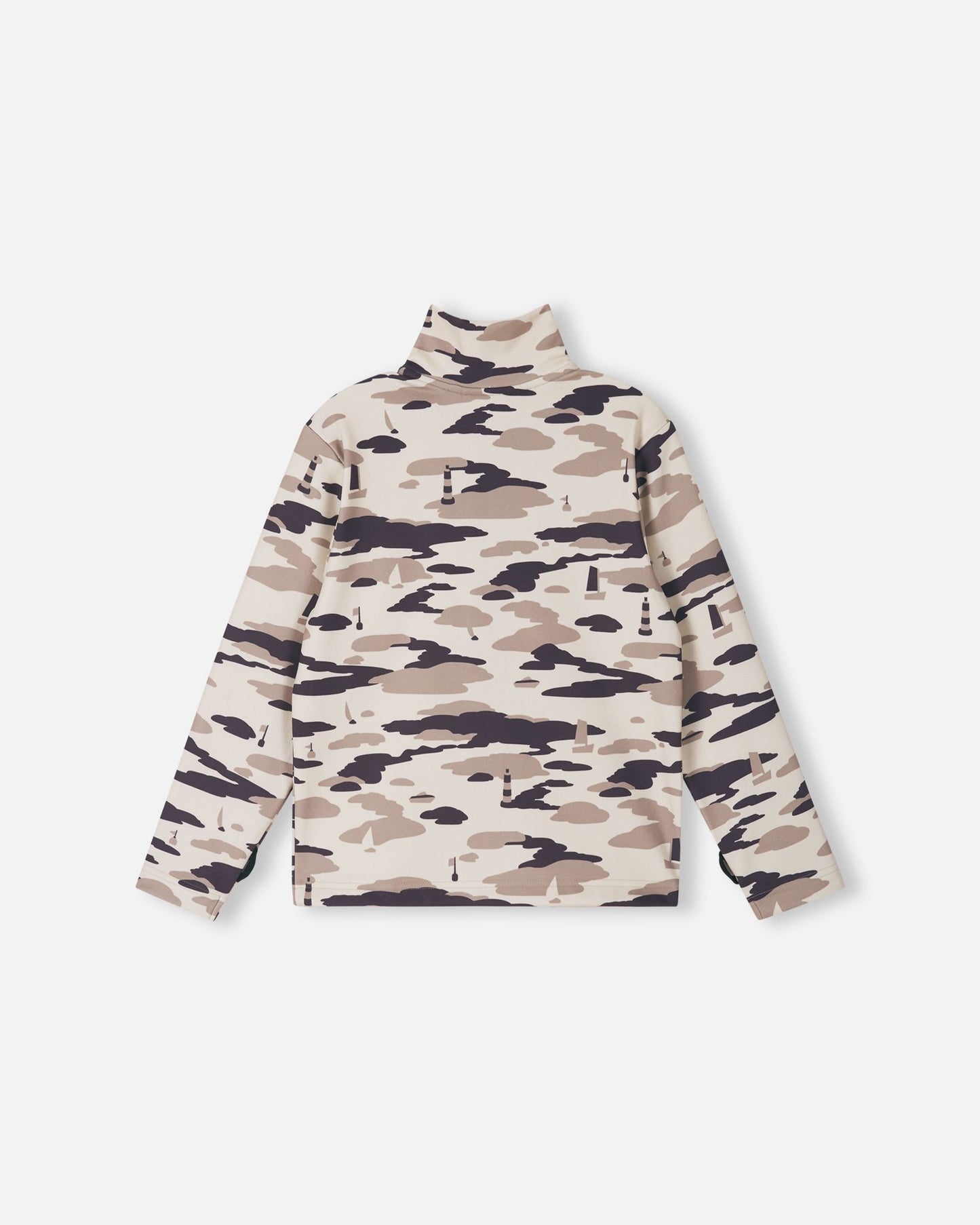 Back view of the earthy beige Reima Iisisti kids' fleece sweater, highlighting the continuous neutral camo design and the flexible, bulk-free construction perfect for wearing under winter coats.