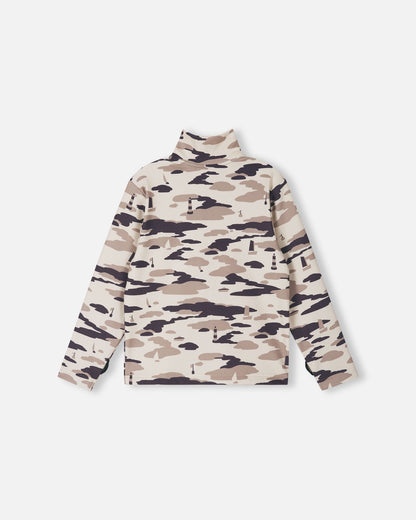 Back view of the earthy beige Reima Iisisti kids' fleece sweater, highlighting the continuous neutral camo design and the flexible, bulk-free construction perfect for wearing under winter coats.