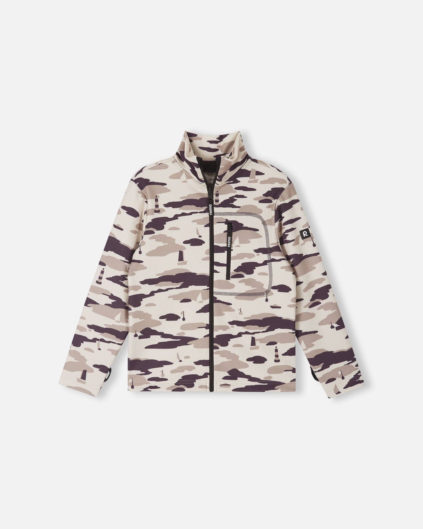 Front view of the Reima Iisisti kids' fleece jacket in earthy beige, featuring a neutral grey and beige sailboat camo pattern, a full-length zipper, and a practical zippered chest pocket for mid-layer warmth.