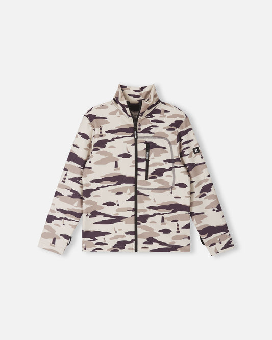 Front view of the Reima Iisisti kids' fleece jacket in earthy beige, featuring a neutral grey and beige sailboat camo pattern, a full-length zipper, and a practical zippered chest pocket for mid-layer warmth.