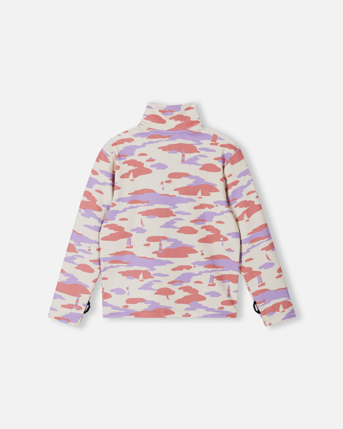 Back view of the rose blush Reima Iisisti kids' fleece sweater, showcasing the continuous pastel camo pattern and the comfortable, stretch-fit silhouette designed for active mid-layering.