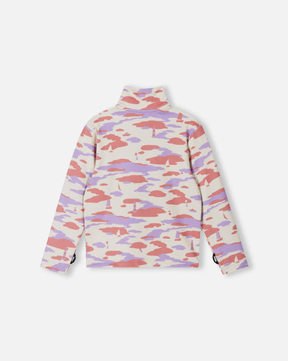 Back view of the rose blush Reima Iisisti kids' fleece sweater, showcasing the continuous pastel camo pattern and the comfortable, stretch-fit silhouette designed for active mid-layering.