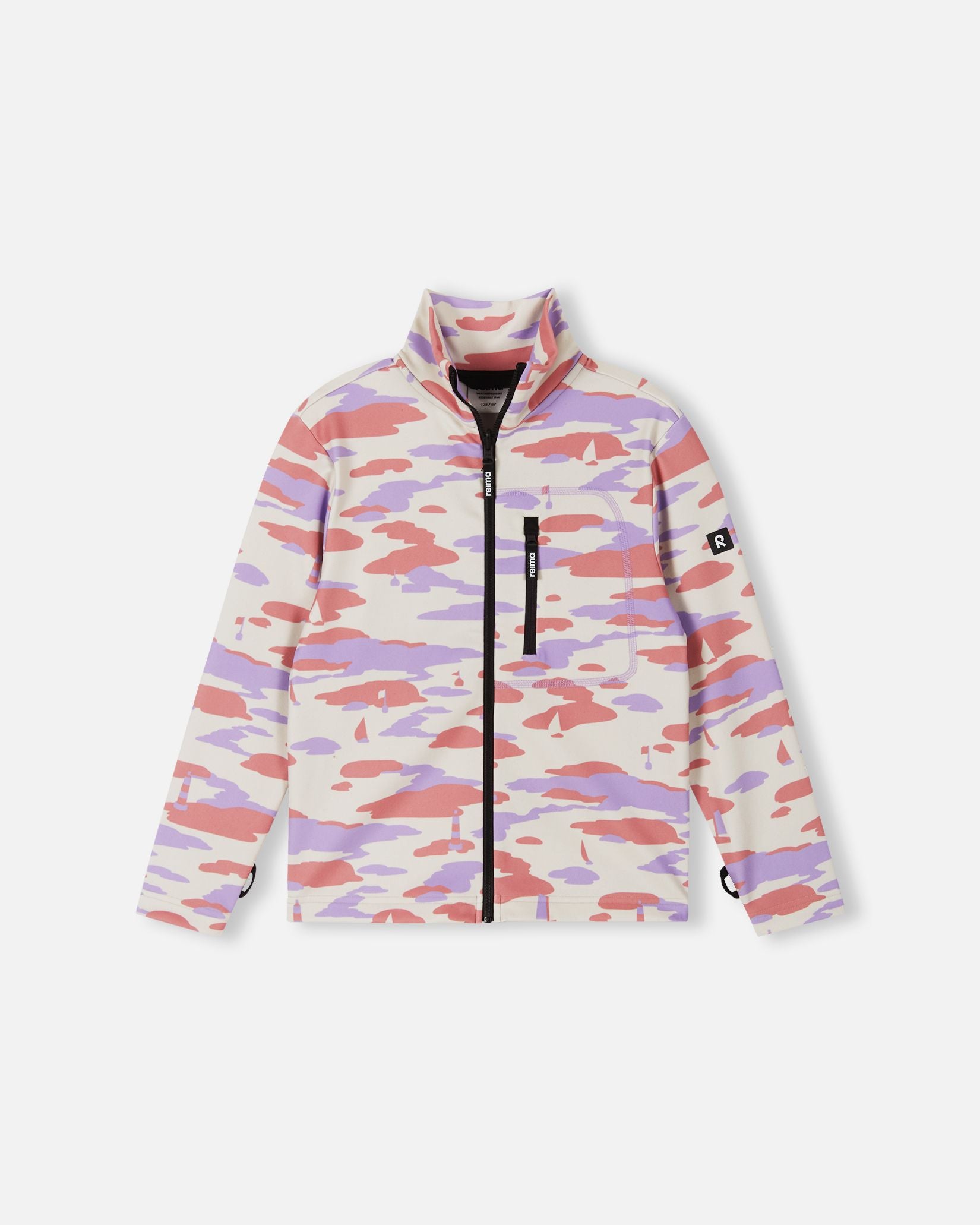 Front view of the Reima Iisisti kids' fleece jacket in rose blush, featuring a unique pastel pink and purple sailboat camo print, a full front zipper, a stand-up collar, and a secure zippered chest pocket.