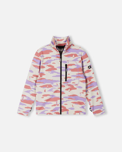 Front view of the Reima Iisisti kids' fleece jacket in rose blush, featuring a unique pastel pink and purple sailboat camo print, a full front zipper, a stand-up collar, and a secure zippered chest pocket.