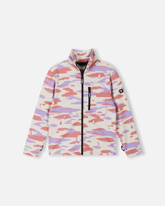 Front view of the Reima Iisisti kids' fleece jacket in rose blush, featuring a unique pastel pink and purple sailboat camo print, a full front zipper, a stand-up collar, and a secure zippered chest pocket.