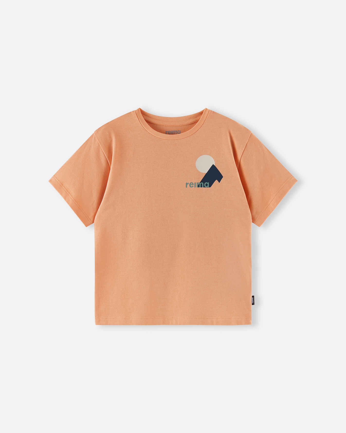 Front view of the Reima Ikioma kids' UPF 50+ sunproof short-sleeve t-shirt in apricot, featuring a relaxed fit, a classic crew neck, and a small geometric mountain graphic logo on the left chest.