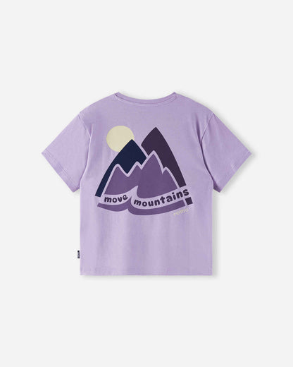 Back view of the blooming lilac Reima Ikioma kids' UPF 50+ sun shirt, highlighting the large, tonal purple mountain graphic print and "move mountains" text for a stylish outdoor look.