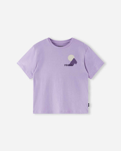 Front view of the Reima Ikioma kids' UPF 50+ sunproof short-sleeve t-shirt in blooming lilac, featuring a comfortable everyday fit and a subtle mountain logo graphic on the left chest.
